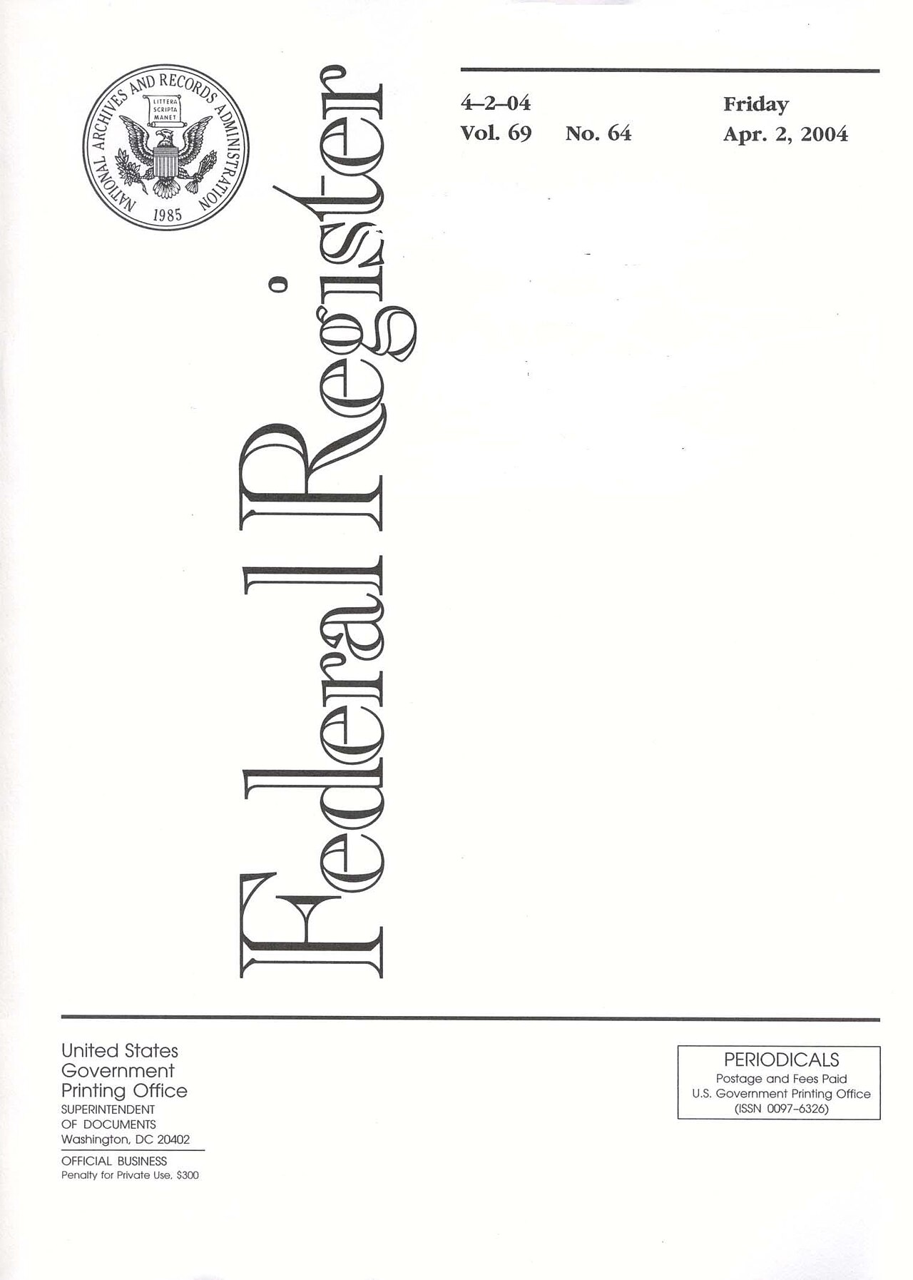 federal-register-cover Cover of the Federal Register, the daily journal of the United States government