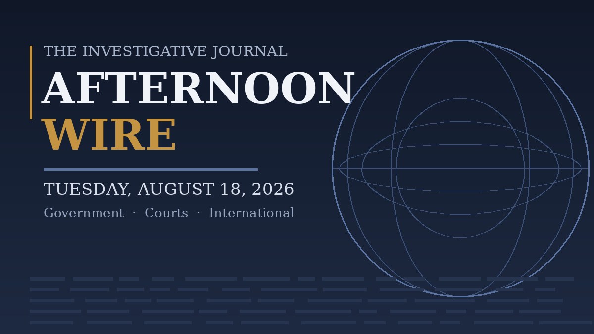 The Investigative Journal Afternoon Wire banner for Tuesday, August 18, 2026, covering Government, Courts, and International news