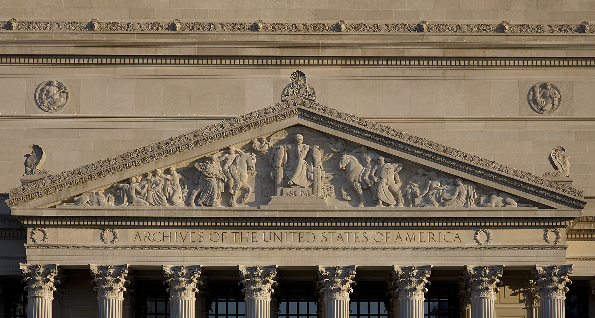 Pennsylvania Avenue facade of the National Archives Building in Washington, D.C.