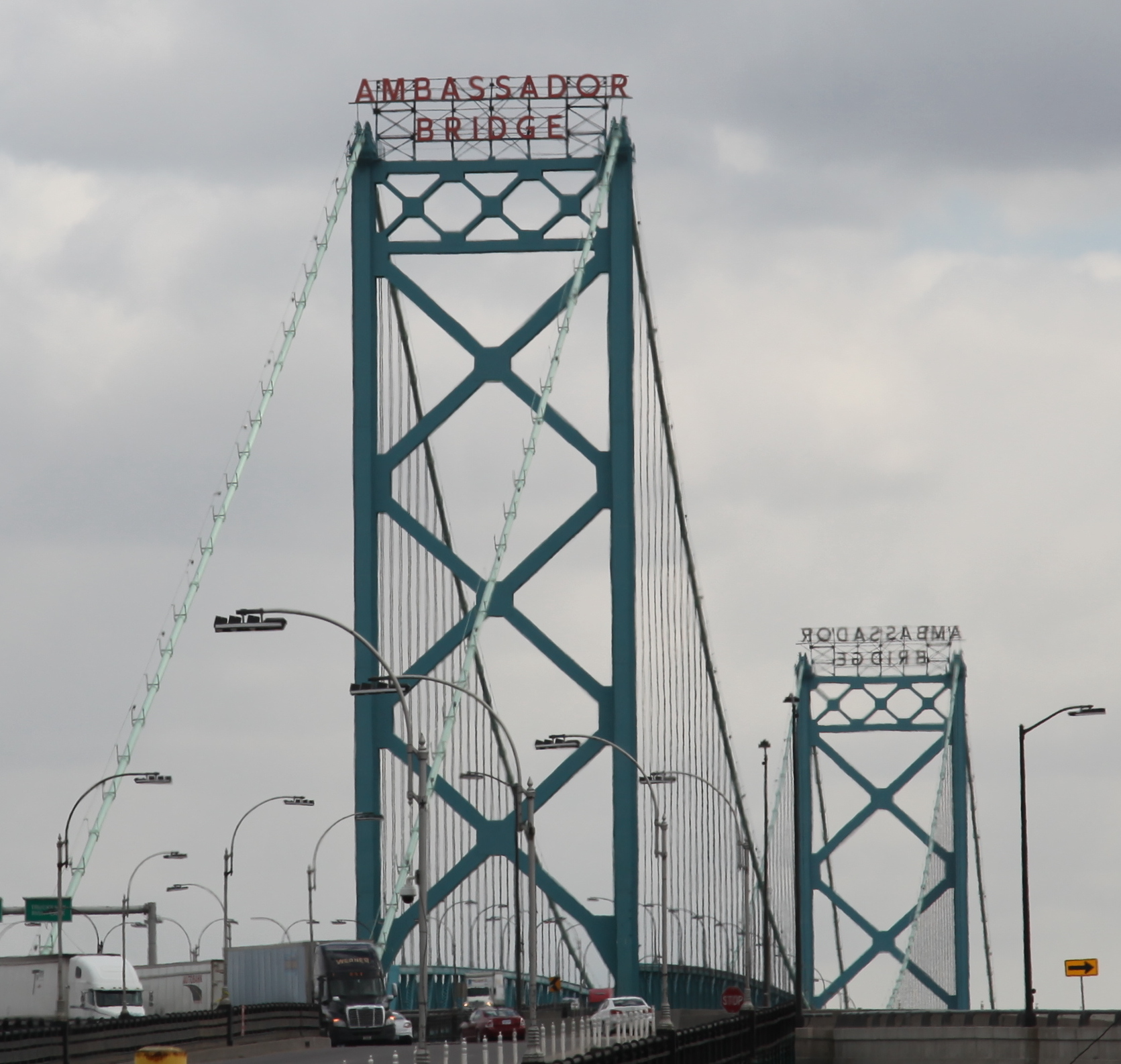 Vehicles approach the U.S. port of entry at the Ambassador Bridge between Detroit, Michigan and Windsor, Ontario