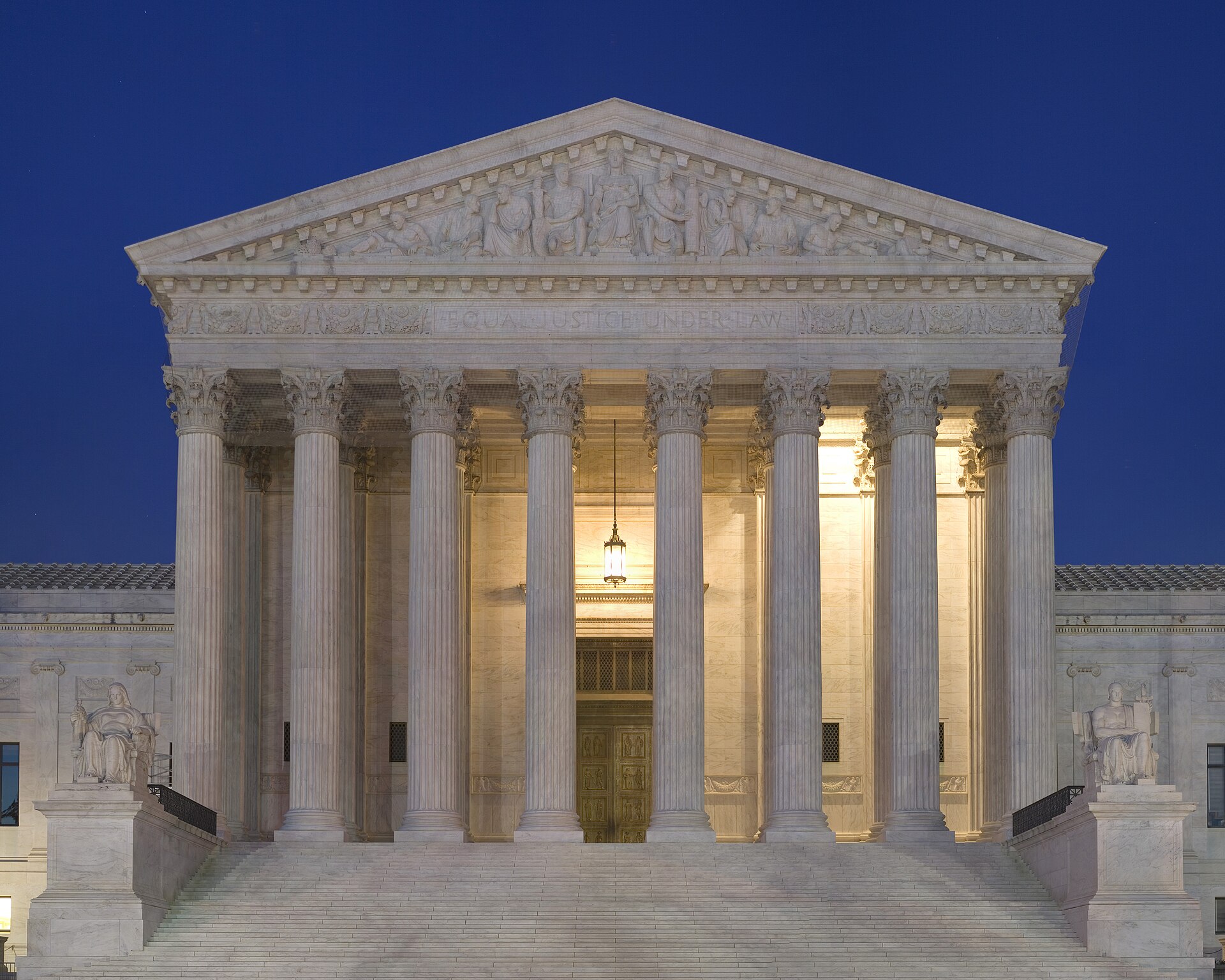 supreme-court-front-dusk Front facade of the Supreme Court of the United States at dusk